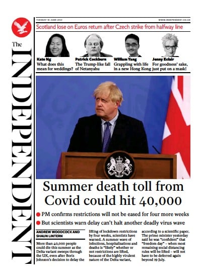 The Independent Newspaper Front Page (UK) for 16 June 2021