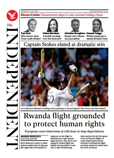The Independent Newspaper Front Page (UK) for 16 June 2022