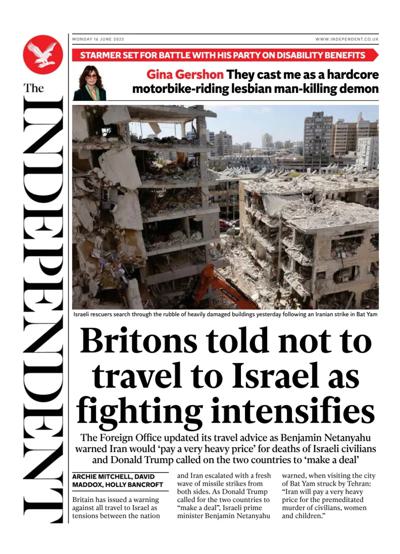 The Independent Newspaper Front Page (UK) for 16 June 2025