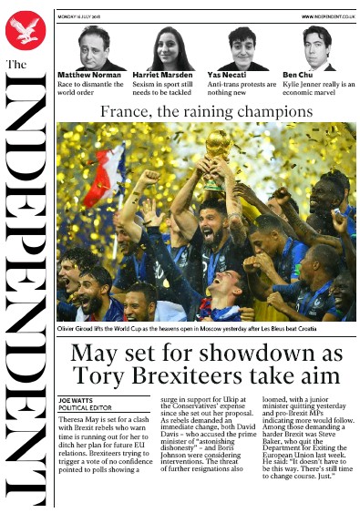 The Independent Newspaper Front Page (UK) for 16 July 2018