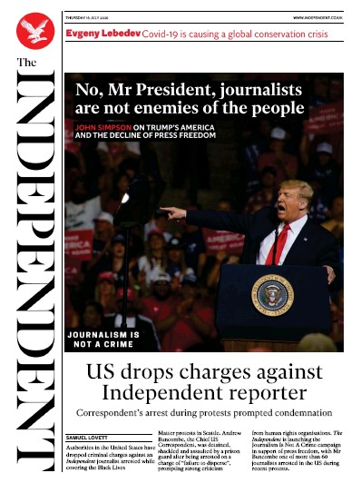 The Independent Newspaper Front Page (UK) for 16 July 2020