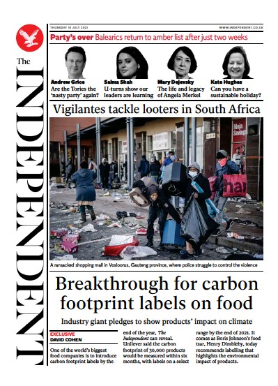 The Independent Newspaper Front Page (UK) for 16 July 2021