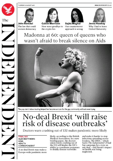 The Independent Newspaper Front Page (UK) for 16 August 2018