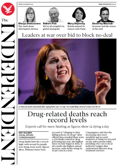 The Independent Newspaper Front Page (UK) for 16 August 2019