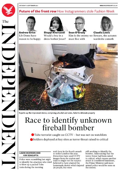 The Independent Newspaper Front Page (UK) for 16 September 2017