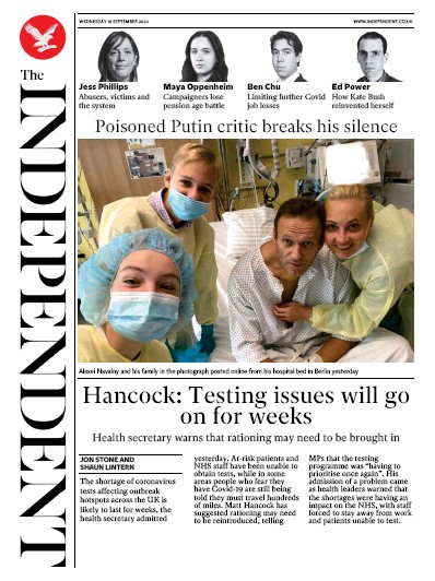 The Independent Newspaper Front Page (UK) for 16 September 2020