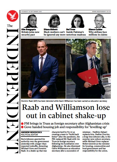 The Independent Newspaper Front Page (UK) for 16 September 2021