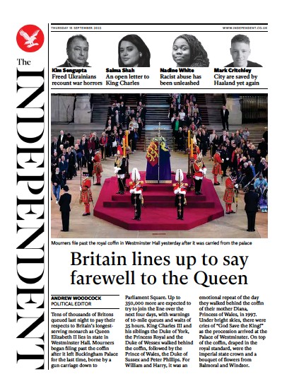 The Independent Newspaper Front Page (UK) for 16 September 2022