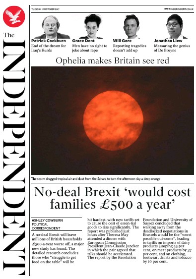 The Independent Newspaper Front Page (UK) for 17 October 2017