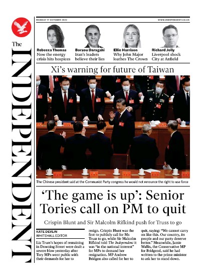 The Independent Newspaper Front Page (UK) for 17 October 2022