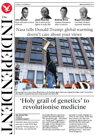 The Independent Newspaper Front Page (UK) for 17 November 2016