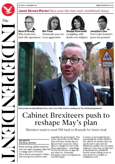 The Independent Newspaper Front Page (UK) for 17 November 2018