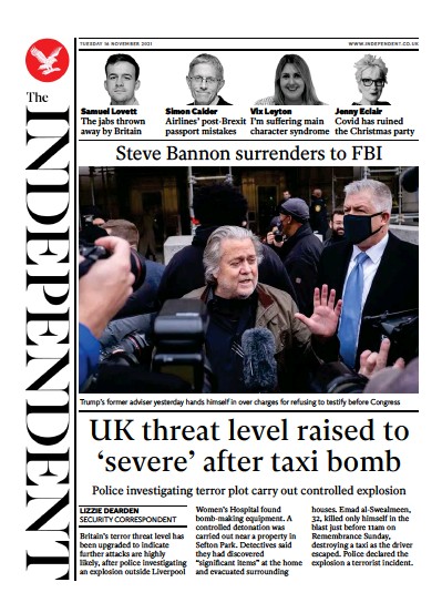 The Independent Newspaper Front Page (UK) for 17 November 2021