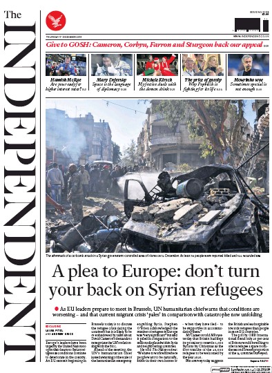 The Independent Newspaper Front Page (UK) for 17 December 2015
