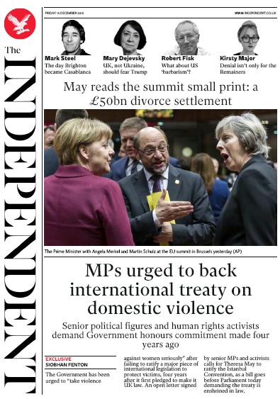The Independent Newspaper Front Page (UK) for 17 December 2016