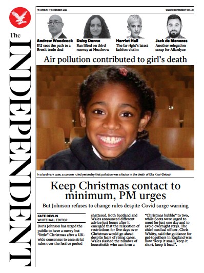 The Independent Newspaper Front Page (UK) for 17 December 2020