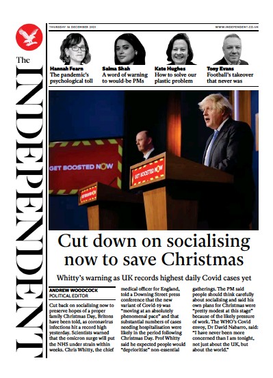 The Independent Newspaper Front Page (UK) for 17 December 2021