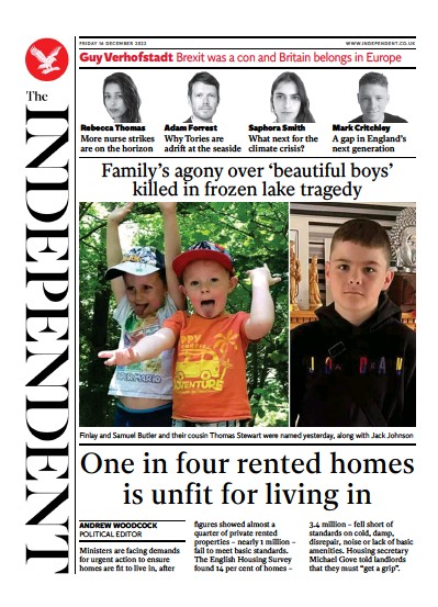 The Independent Newspaper Front Page (UK) for 17 December 2022