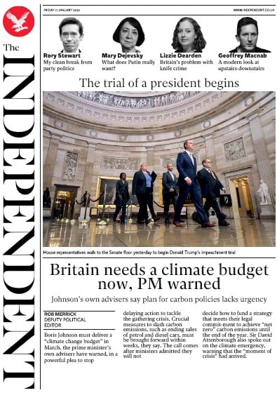The Independent Newspaper Front Page (UK) for 17 January 2020