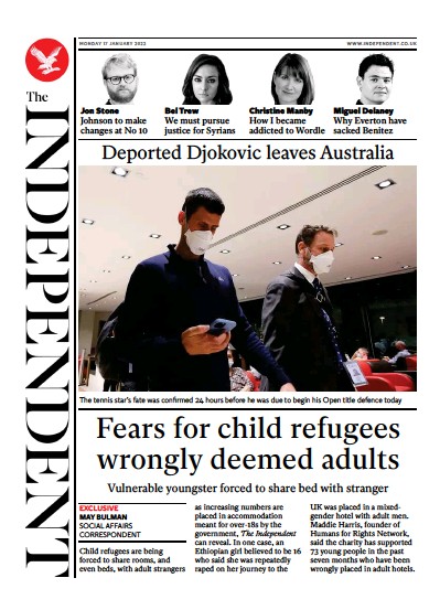 The Independent Newspaper Front Page (UK) for 17 January 2022