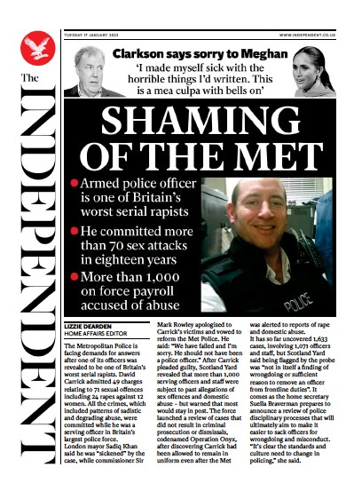 The Independent Newspaper Front Page (UK) for 17 January 2023