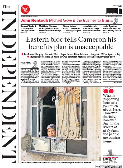 The Independent Newspaper Front Page (UK) for 17 February 2016