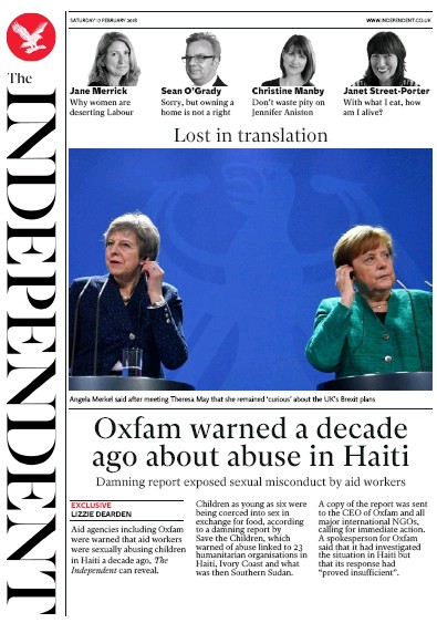 The Independent Newspaper Front Page (UK) for 17 February 2018