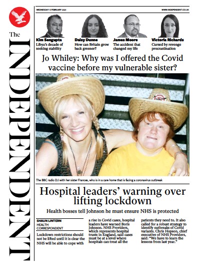 The Independent Newspaper Front Page (UK) for 17 February 2021
