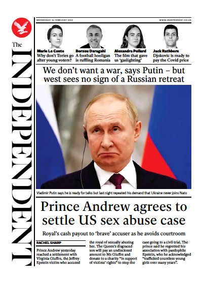 The Independent Newspaper Front Page (UK) for 17 February 2022