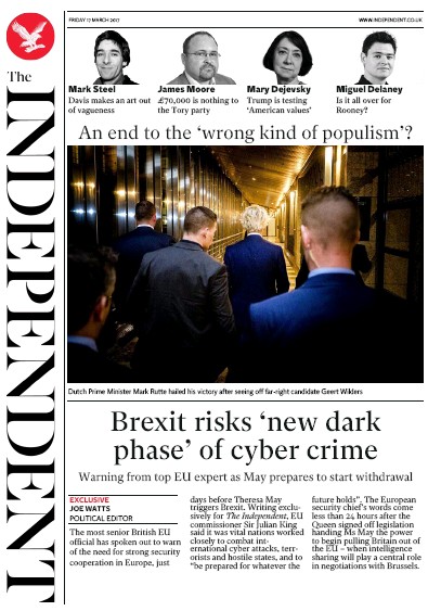 The Independent Newspaper Front Page (UK) for 17 March 2017