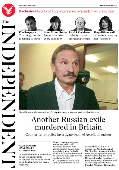 The Independent Newspaper Front Page (UK) for 17 March 2018