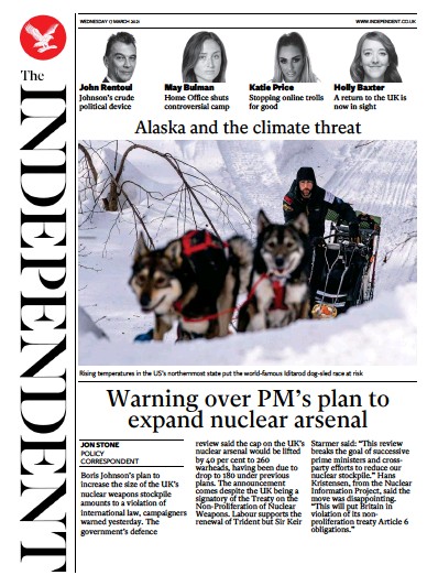 The Independent Newspaper Front Page (UK) for 17 March 2021