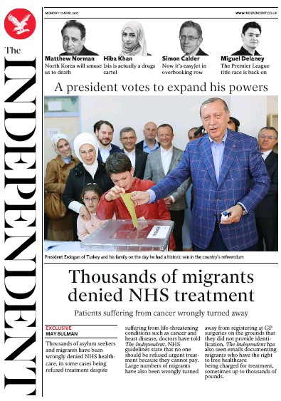 The Independent Newspaper Front Page (UK) for 17 April 2017