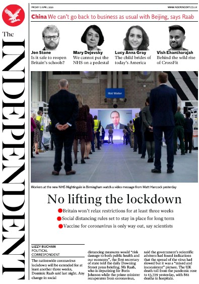 The Independent Newspaper Front Page (UK) for 17 April 2020