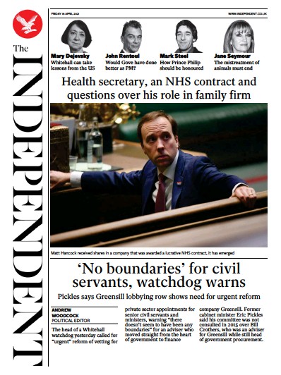 The Independent Newspaper Front Page (UK) for 17 April 2021