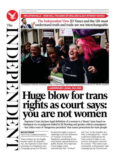 The Independent Newspaper Front Page (UK) for 17 April 2025