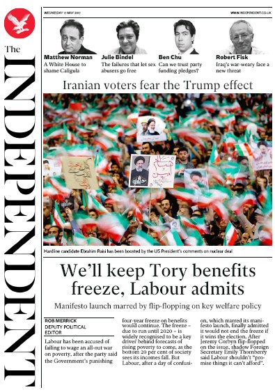 The Independent Newspaper Front Page (UK) for 17 May 2017