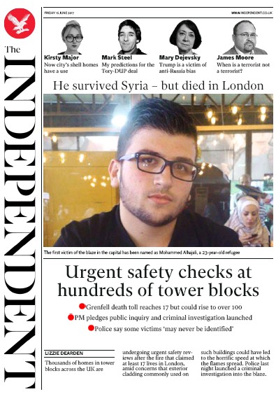 The Independent Newspaper Front Page (UK) for 17 June 2017
