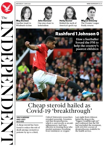 The Independent Newspaper Front Page (UK) for 17 June 2020