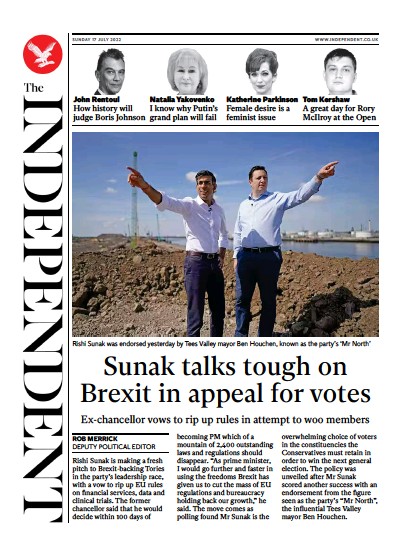 The Independent Newspaper Front Page (UK) for 17 July 2022