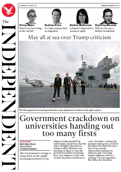 The Independent Newspaper Front Page (UK) for 17 August 2017