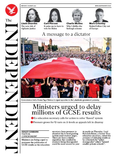 The Independent Newspaper Front Page (UK) for 17 August 2020