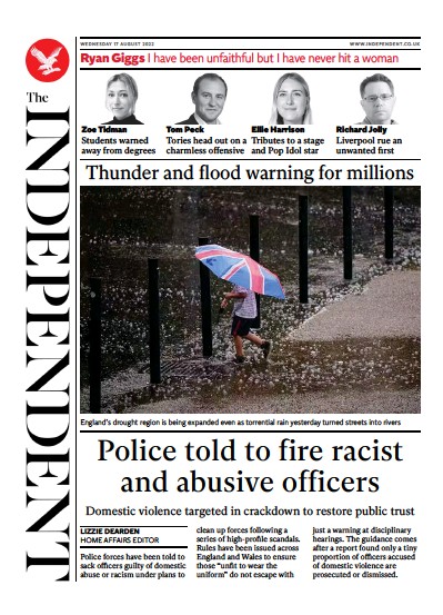 The Independent Newspaper Front Page (UK) for 17 August 2022