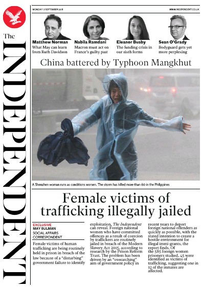 The Independent Newspaper Front Page (UK) for 17 September 2018
