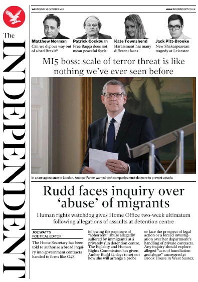 The Independent Newspaper Front Page (UK) for 18 October 2017