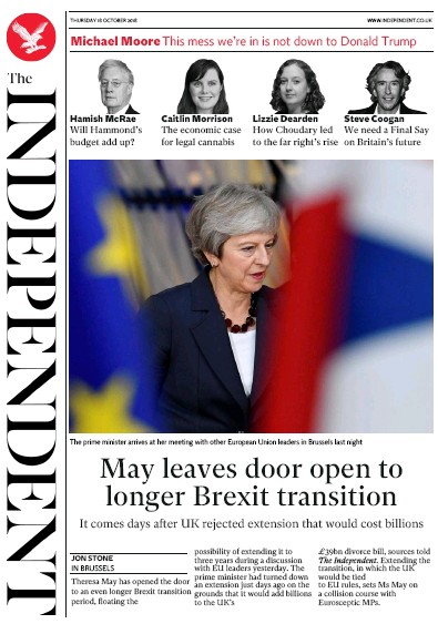 The Independent Newspaper Front Page (UK) for 18 October 2018