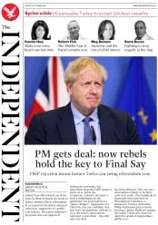 The Independent (UK) Newspaper Front Page for 18 October 2019