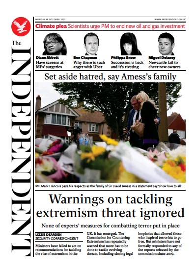 The Independent Newspaper Front Page (UK) for 18 October 2021