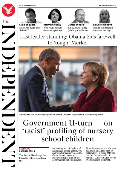 The Independent Newspaper Front Page (UK) for 18 November 2016