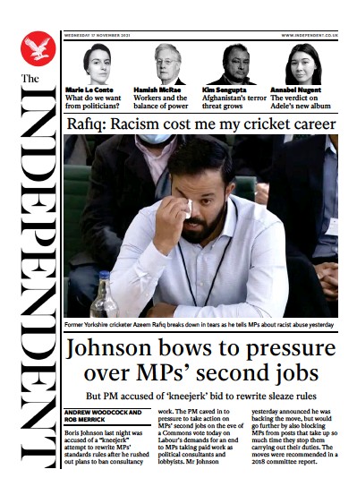 The Independent Newspaper Front Page (UK) for 18 November 2021